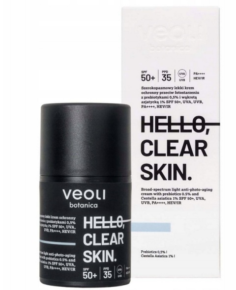 VEOLI BOTANICA - HELLO, CLEAR SKIN Szerokopasmowy lekki krem ochronny przeciw fotostarzeniu z prebiotykami 0,5%