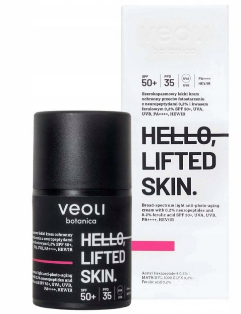 VEOLI BOTANICA - HELLO, LIFTED SKIN Szerokopasmowy lekki krem ochronny przeciw fotostarzeniu z neuropeptydami